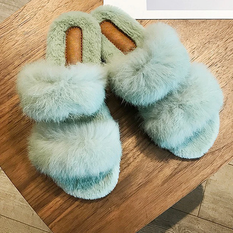 Furry Fur Slides Real Rabbit Fur Slippers Fluffy Flip Flops Ladies Plush House Slippers Cozy Soft Flat Sandals Women Warm Shoes
