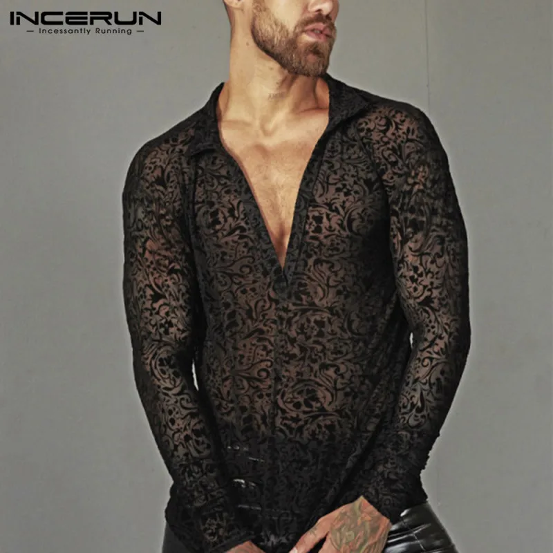 

INCERUN Fashion Printed Mesh T Shirts Men Long Sleeve V Neck See Trough Camisetas Sexy Nightclub Hombre Leisure Dance Tops S-5XL