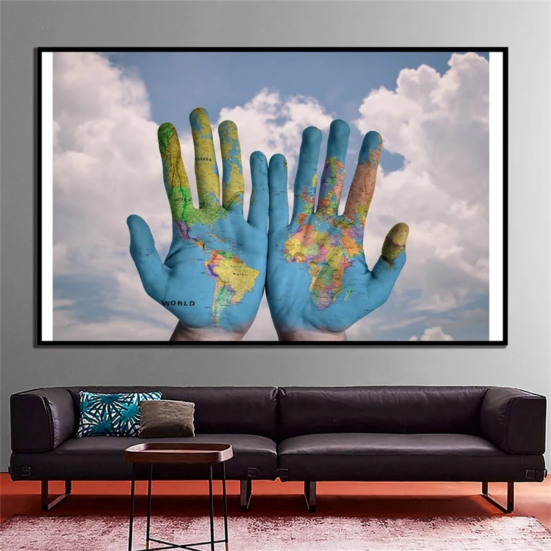 

150x225cm Large Hands Shape World Map Non-Smell Home Office Wall Decor Collapsible Map of The World Non-woven Poster