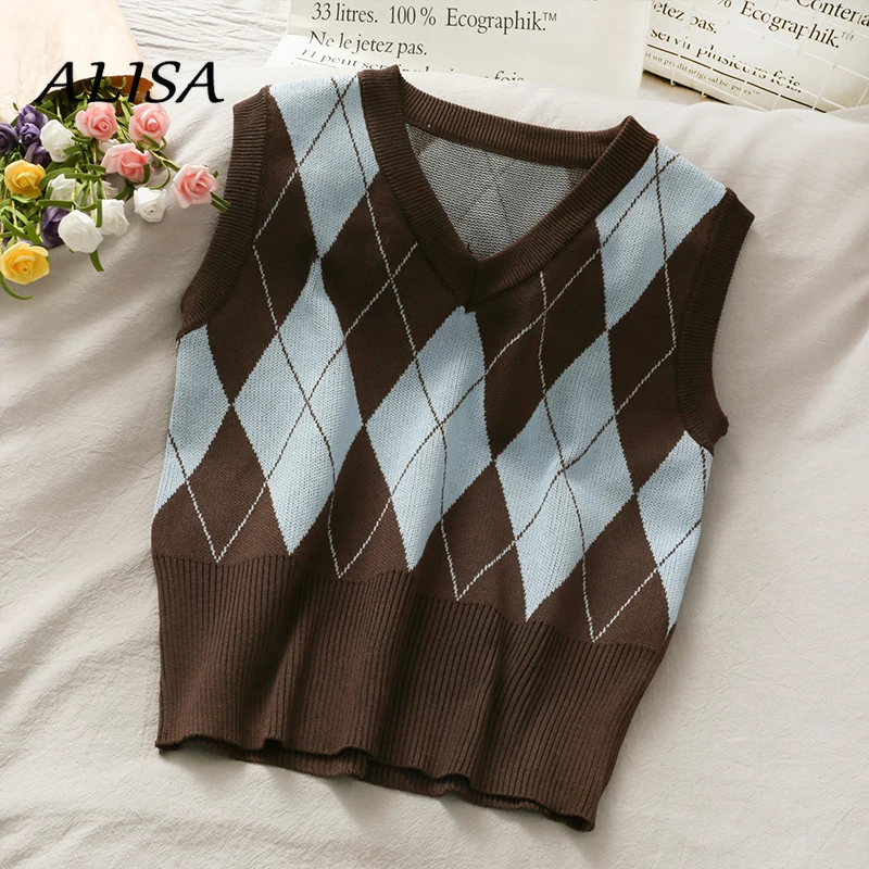 

Vintage Streetwear Crop Vests Women Spring Autumn Patchwork Plaid Sweater Woman V-neck Tops Casual Sleeveless Knit Vests