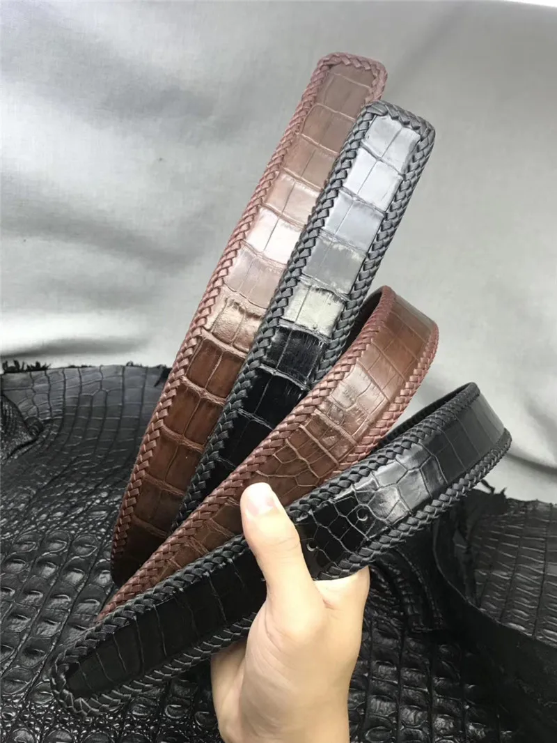 Authentic Exotic Crocodile Belly Skin Woven Border Men's Waist Belt without Buckle Genuine Alligator Leather Male Brown Strap