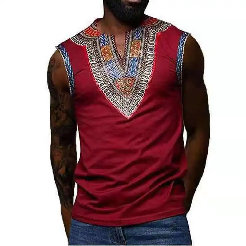 

African Clothes for Men Dashiki Print Bazin Riche Summer Sleeveless Tops Men Ethnic V Neck Plus Size Tribe Africa Fashion 2021