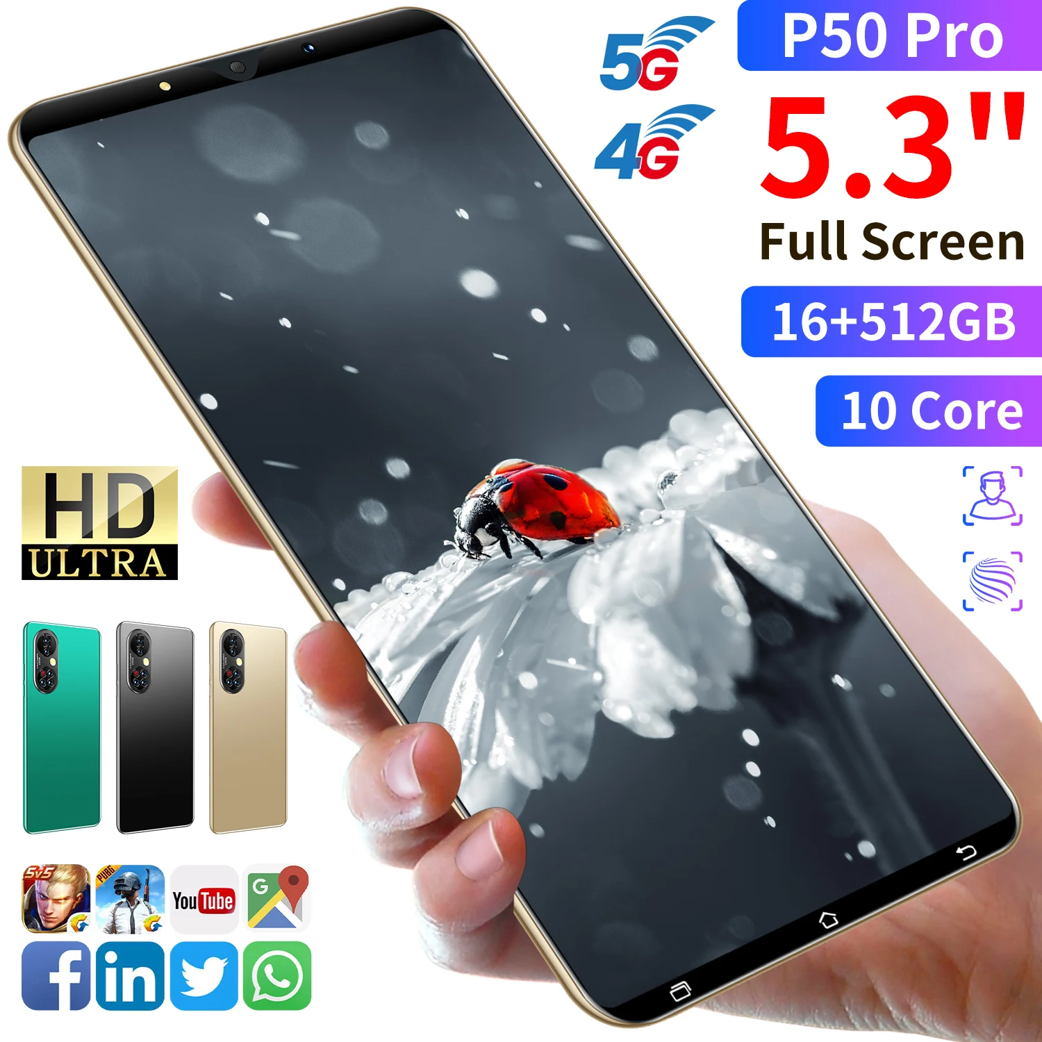 

P50pro Smartphone 5.3 Inch Android Phone 12+512GB Realme Celular 4950mAh Screen Smartphone Support Network Celular Face unlock