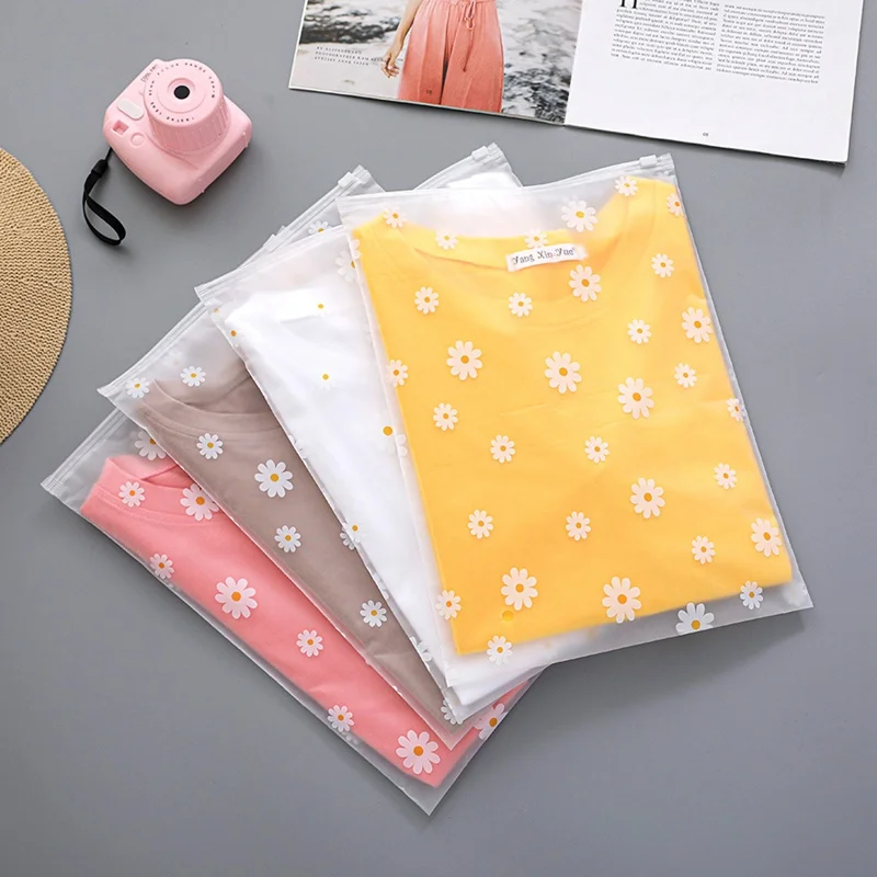 

50Pcs Daisy Clothing Zipper Bags White Transparent Small Chrysanthemum Frosted Plastic Bag Packaging Bag Clothes Storage Bag
