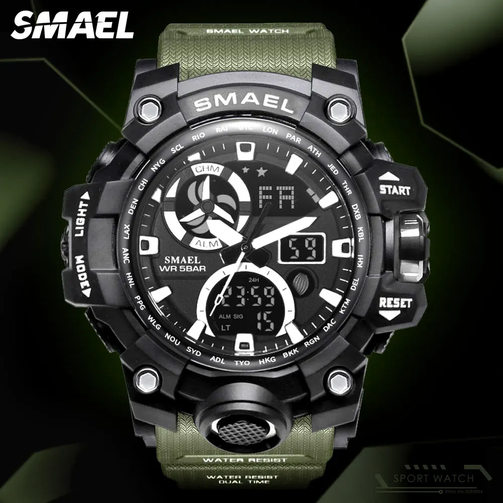 

Часы SMAEL мужские Цифровые, спортивные в стиле милитари, с двойным дисплеем времени, водонепроницаемые с 5 бар, с секундомером