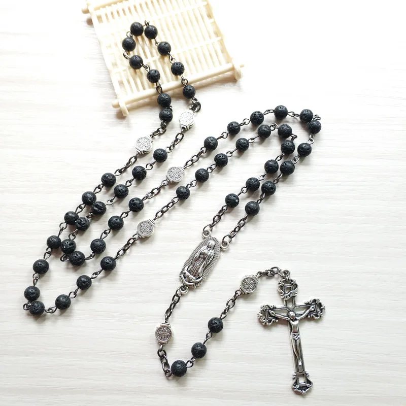 

Qigo Catholic Black Rosary Necklace Saint Benedict Long Cross Pendant For Men Women Religious Pray Jewelry