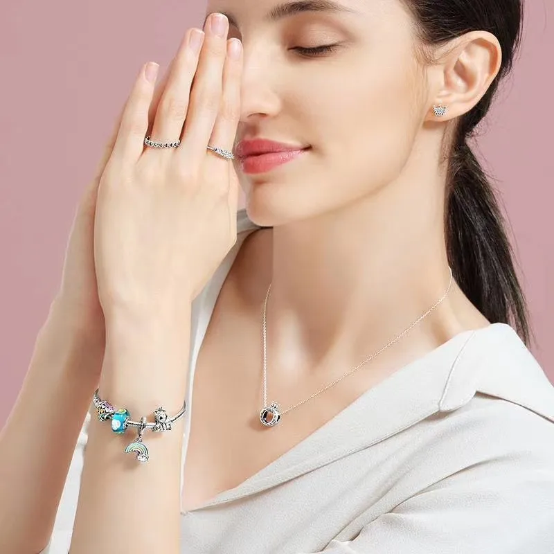 

100% 925 Sterling Silver Fashion Rainbow Pendant And Unicorn Beaded Pan Bracelet For Women Wedding Party Fashion Jewelry