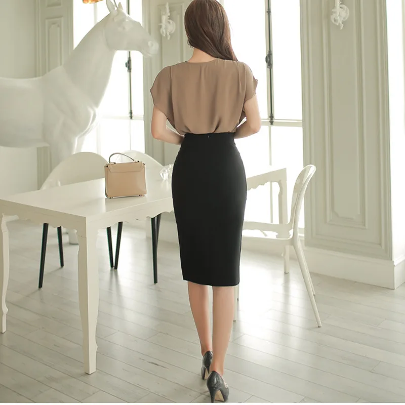 

Foamlina Elegant Women Summer Two Pieces Sets Sexy V Neck Short Batwing Sleeve Blouse and Front Split Pencil Skirt Suits