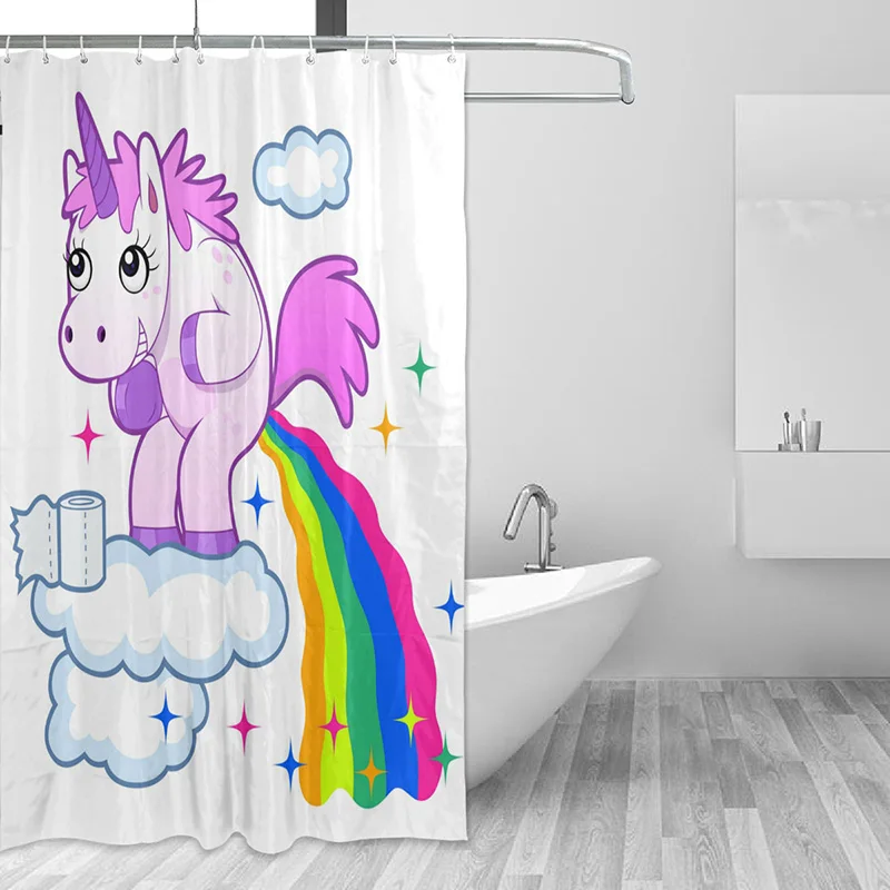

Lovely Cartoon Unicorn Shower Curtain Smiling Animal Poop A Rainbow Waterproof Fabric Bathroom Curtains Mildew Resistant Curtain