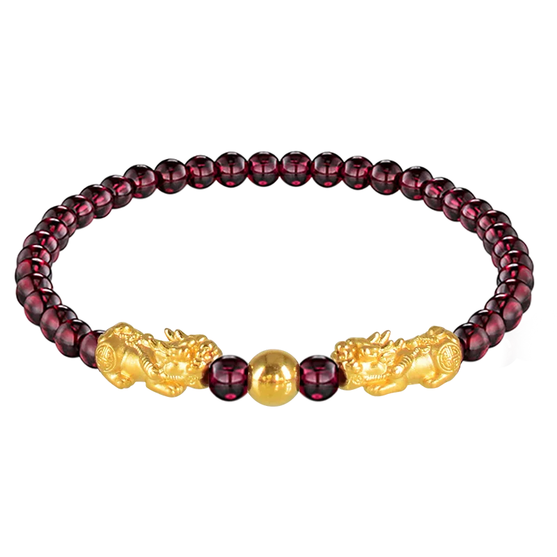 

999 24K Yellow Gold Bracelet Real Gold Chain Luck Pixiu Charms and Sutra Red Garnet 5-6mm Girl Best Gift Jewellery