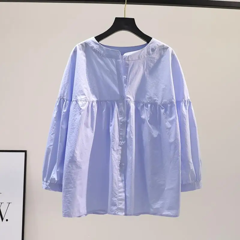 

2021 Women Solid Color Loose Shirts Female Summer Sunscreen Clothing Korean Style Fashion Chic O-neck Button Blouse Tops Q498