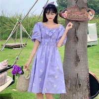 summer new korean style sweet fungus square collar flower embroidered puff sleeve pleated elastic waist slimming dress for women
