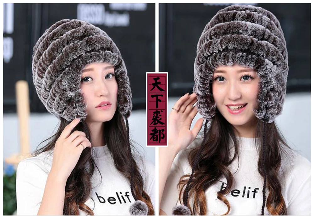 Lady Real Fur Earflap Hats Women Natural Rex Rabbit Fur Beanies Cap Russian Winter Warm Genuine Fur Hat Wholesale
