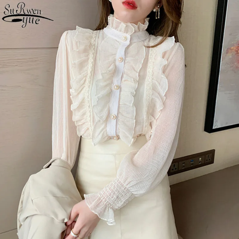 

Korean Ruffle Lace Chiffon Shirt Elegant Sweet Chic Long Puff Sleeve Women Blouse Apricot Tops Stand Collar Clothes Blusas 13433