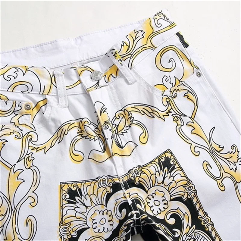 EH·MD® White Floral Jeans Men's Anime Embroidery Black and White Split Soft Slim Cotton Stretch Pants Tide Brand Four Seasons