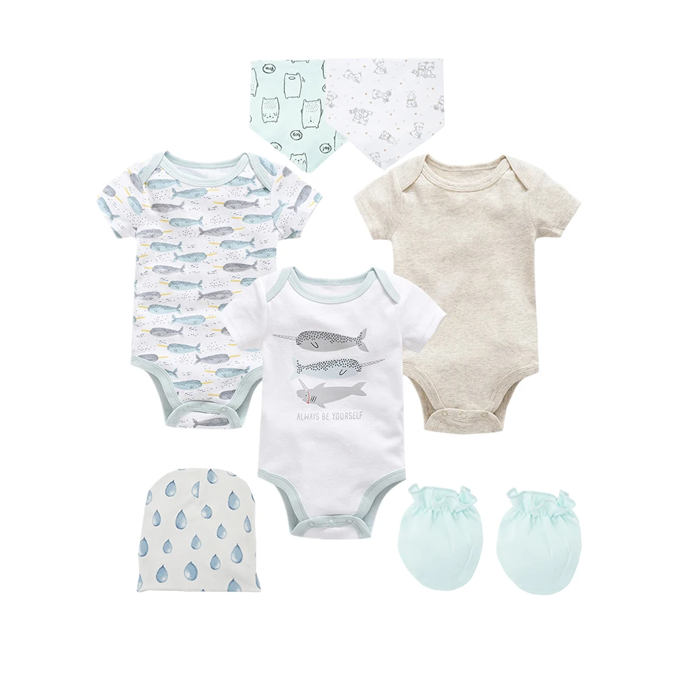 8PCS Baby Boy Bodysuit Clothes Set One Piece Newborn Jumpsuit roupa infantil Clothing with Caps Bibs Gloves Gifts | Детская одежда и
