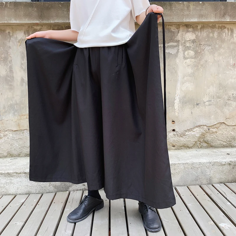 

Men Streetwear Casual Wide Leg Skirts Pants Style Kimono Harem Trousers Ribbons Design Punk Gothic Japan Hip Hop Loose Male Mid