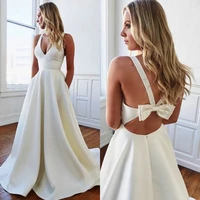 pure white satin a line wedding dresses backless with bow bridal gowns deep v neck sleeveless summer cheap dress