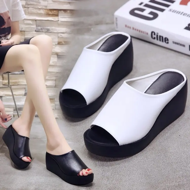 

Fashion Women's Summer Wedges Slippers Slip-On Shoes Woman Flat Peep Toe Breathable Soft Platform Leather Sandals Platform Shoes