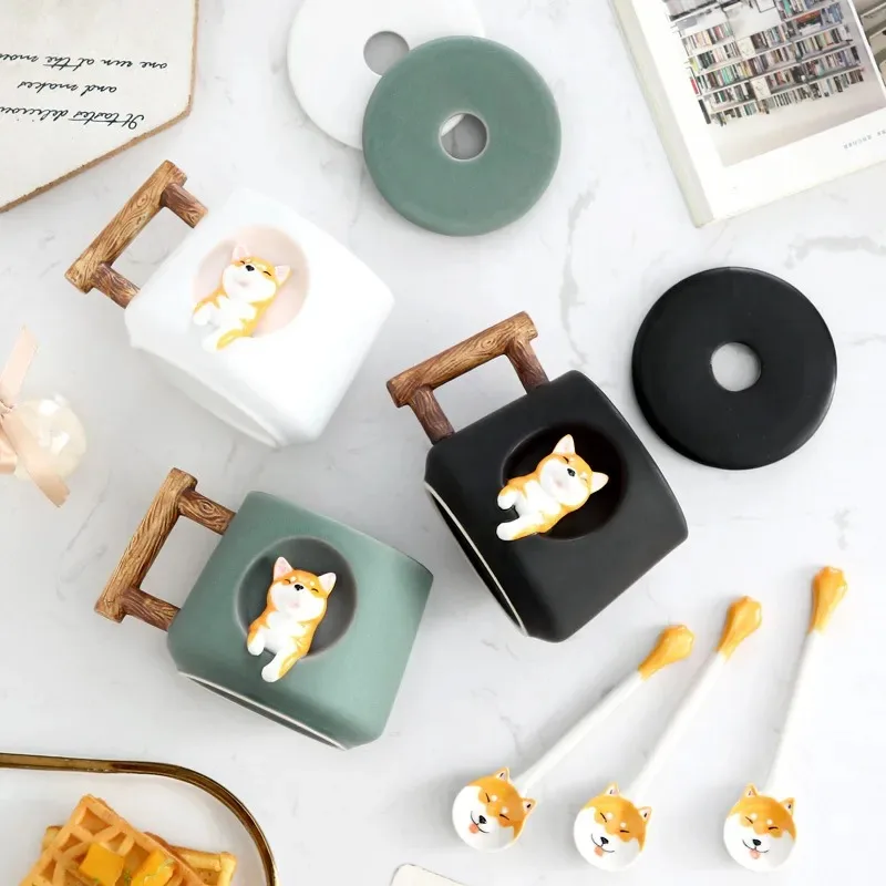 

3D Cute Animal Shiba Inu Ceramic Mug Men And Women Couple With Lid Spoon Breakfast Milk Coffee Bottle Exquisite Decoration