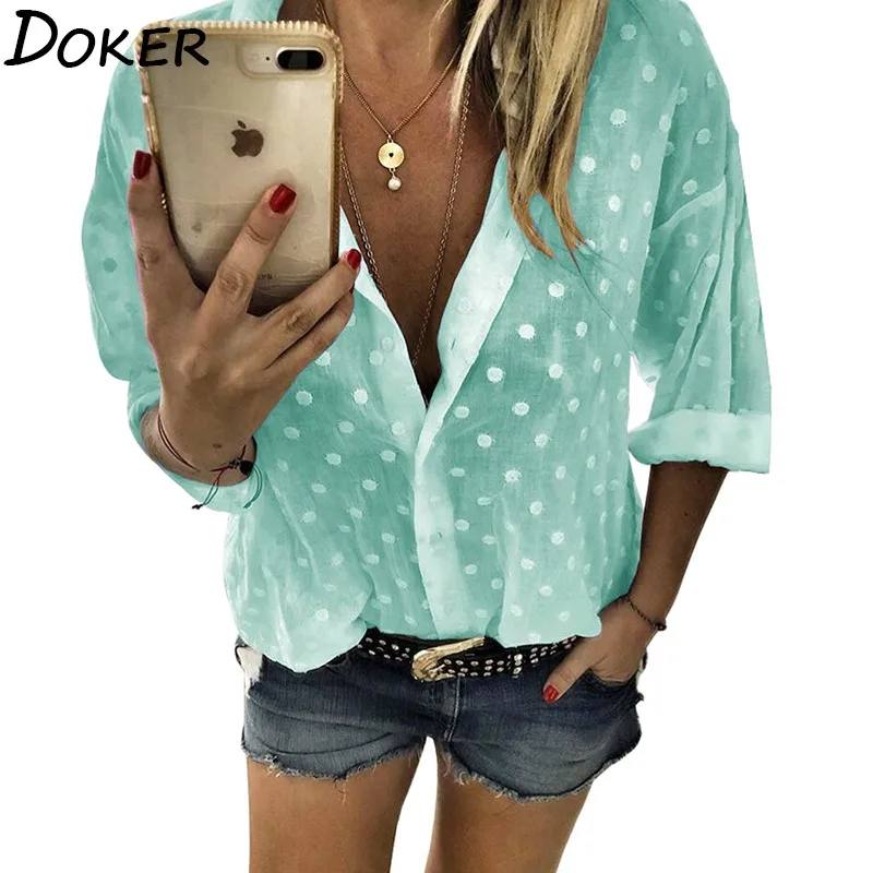 Женские топы и блузки 2020 летние офисные женские рубашки в горошек с отложным