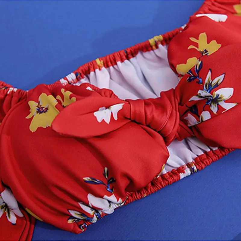 

Summer Women Bikini Set Cute Floral Print High Waist Off Shoulder Swimsuit Gathered Shorts Split Beach Swimwear