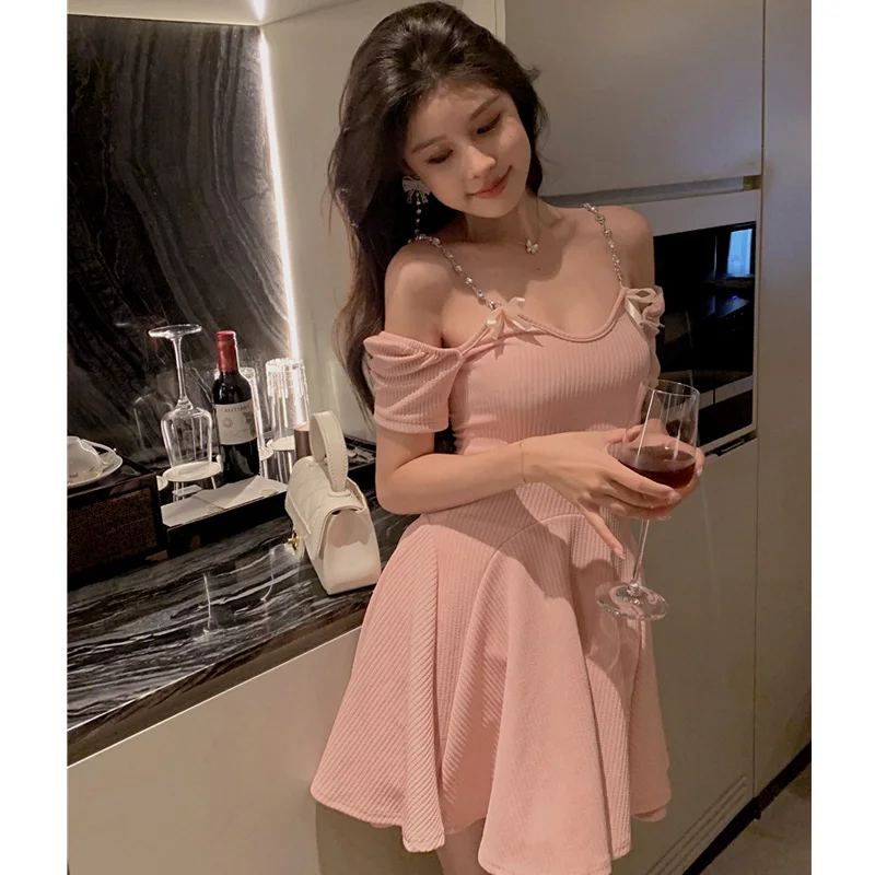 

One-Piece Pink Women Dress 2021 Summer Korean Casual Short Sleeve Sexy Mini Dress Female Cute Outwear Elegant Knitt Dress Party