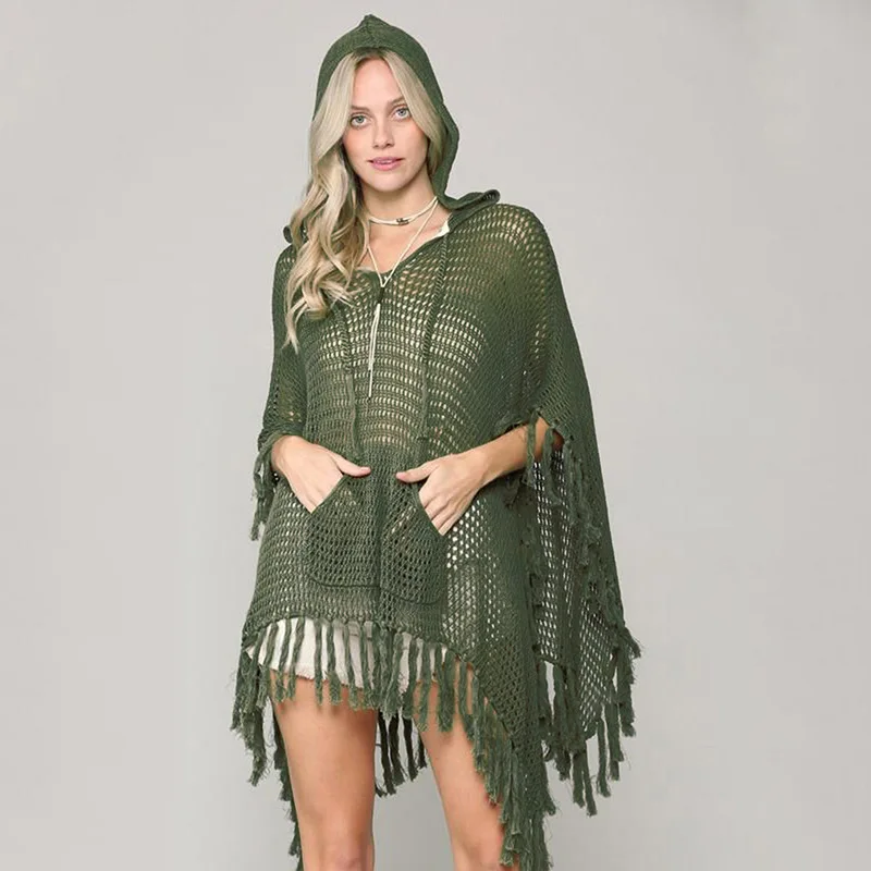 Women's Beach Cover Up Army Green Tassel Knitted Cover Ups Hooded Crochet Sweater Sexy Bikini Mesh Covers Bathing Suit Dress
