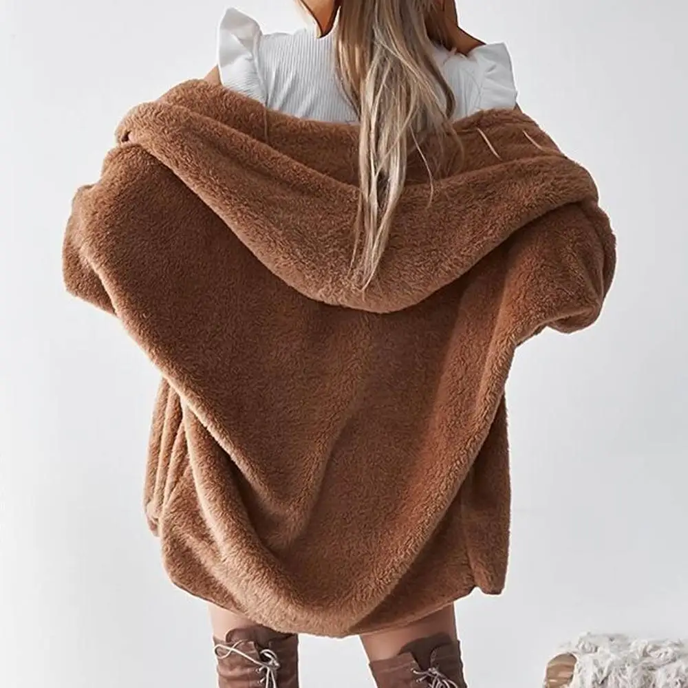 Женское пушистое плюшевое пальто с капюшоном осенне-зимняя куртка кардиган