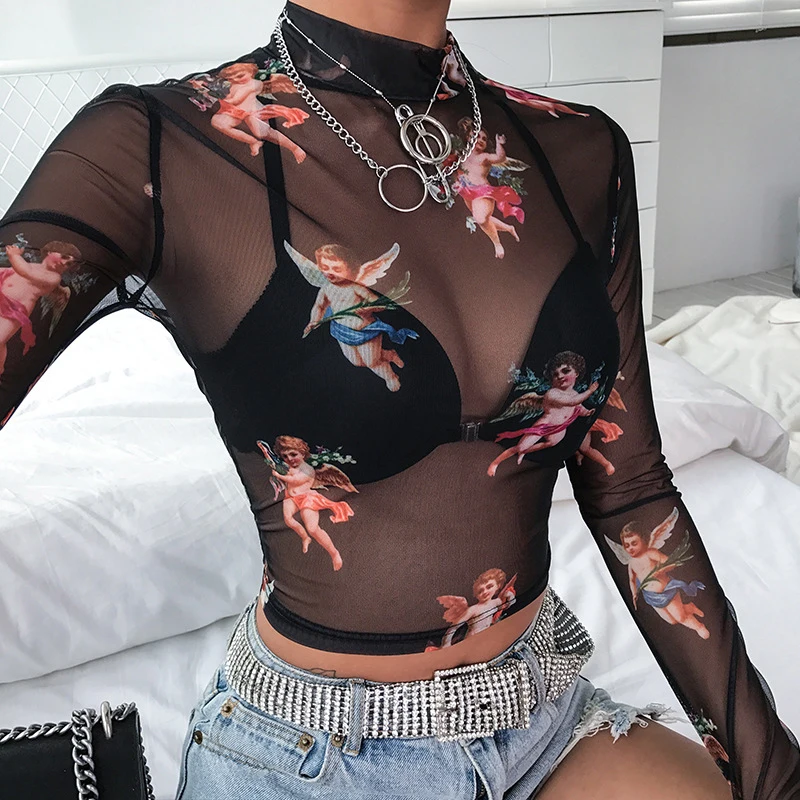 

Summer Sexy Long-sleeved Cupid print T-shirt female half-high-collar mesh yarn perspective exposed navel street top women Tshirt