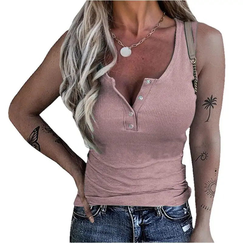 Майка женская трикотажная в рубчик Однотонная рубашка без рукавов на пуговицах с