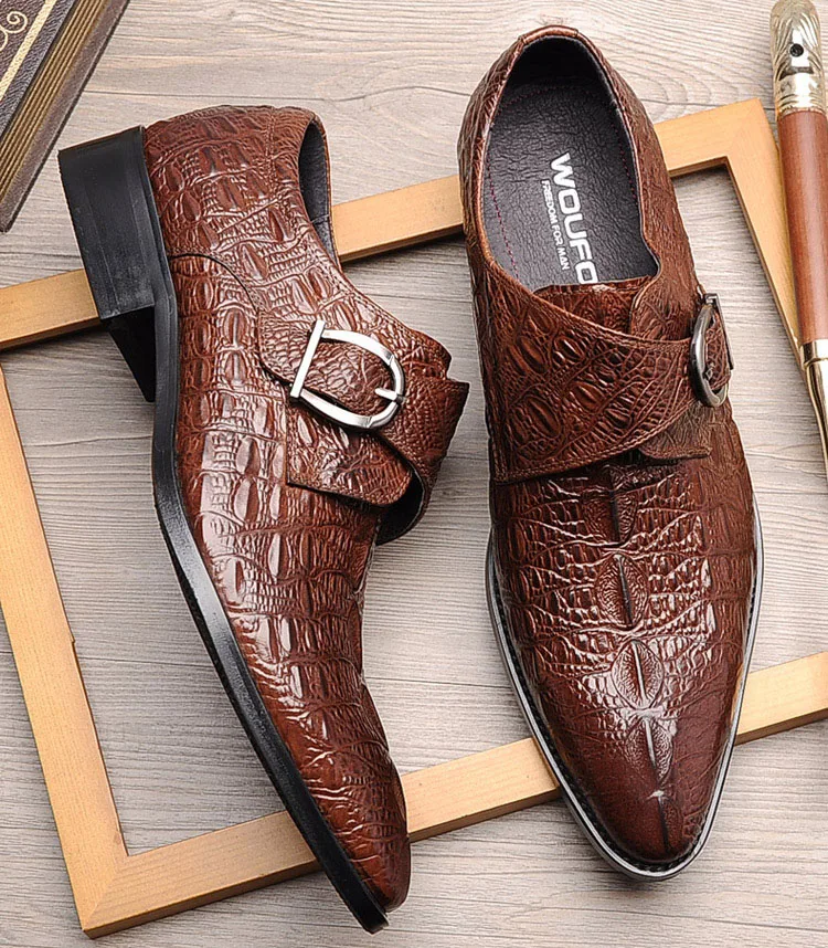 

QYFCIOUFU 2019 Luxury Mens Dress Shoes Genuine Cow Leather Wedding Party Formal Shoes Men's Monk Strap Wedding Crocodile Shoes