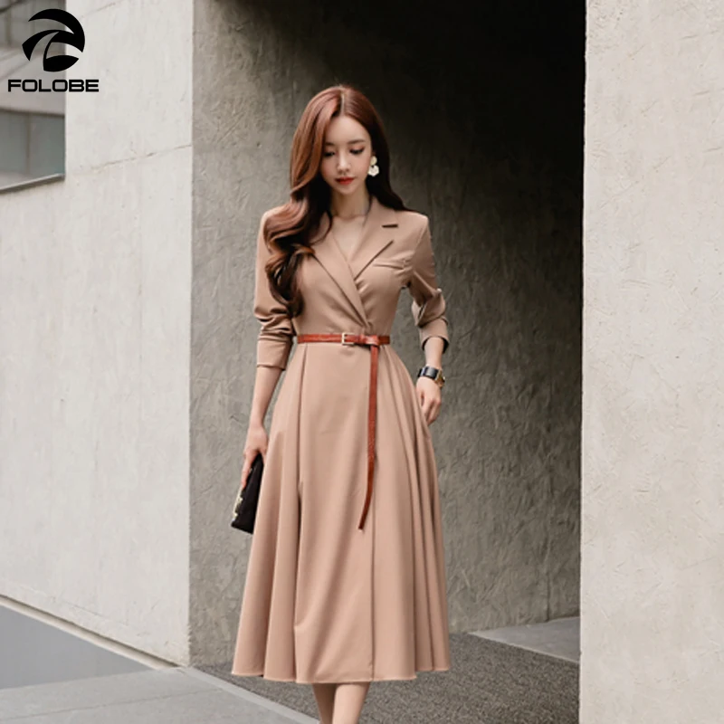 

FOLOBE Elegant V-neck Women A-line Dress Casual Full Sleeve Long Dress Sashes Pleated Patry Vestidos femme 2020 Autumn Winter