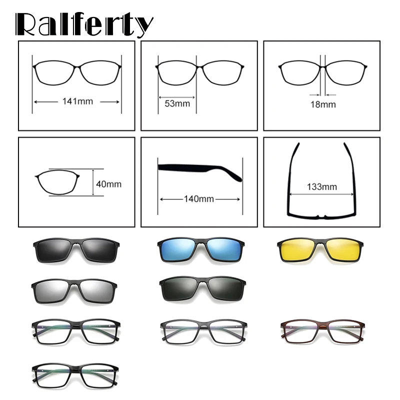 Ralferty, очки с мультилипом, оправа, на застежке, магнитные солнцезащитные очки для мужчин и женщин, поляризационные солнцезащитные очки, квадратные солнцезащитные очки по рецепту, A8806
