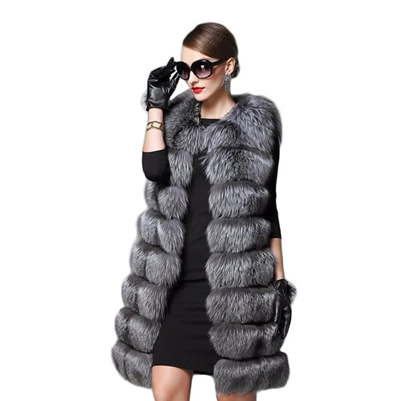 HJQJLJLS 2021 Women Long Fashion Casual Slim Sliver Gray Faux Fur Vest Female Winter Warm Fluffy Sleeveless Artificial Fur Coat