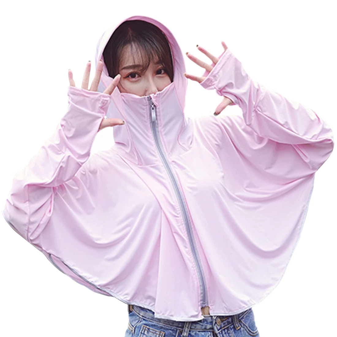 

Women Hooded Tops Breathable Summer Beach Ice Silk Zipper Closure Sun Protection Clothing Batwing Sleeve Quickly Dry Solid