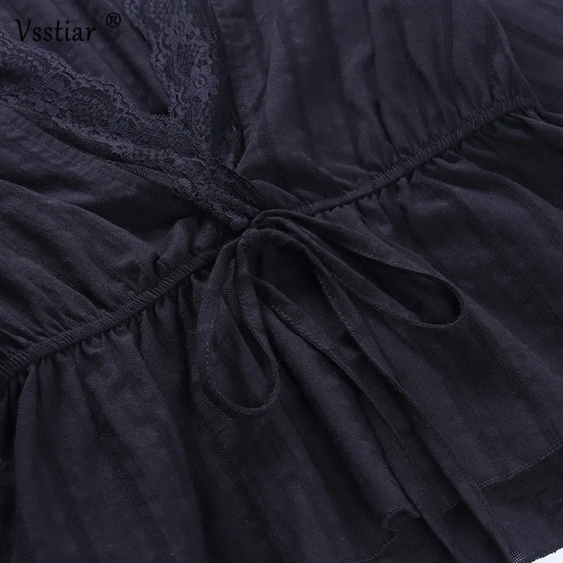 

Vsstiar Black Lace Blouse Long Sleeve New Sexy V Neck Fashion Lace Up Women Shirts Eleagnt Patchwork Casual Tops Female