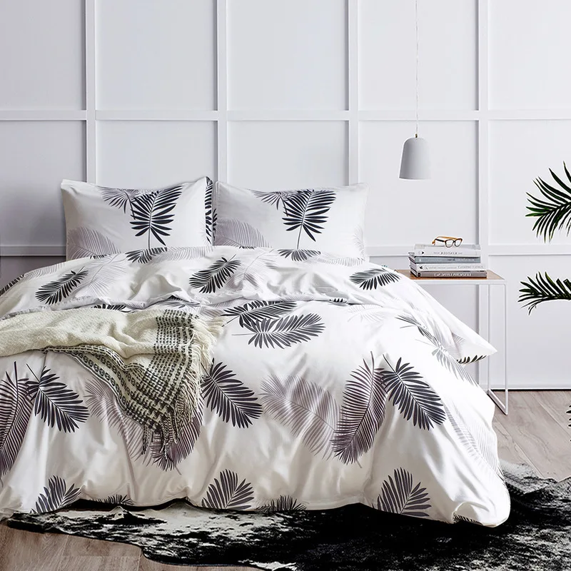

Simple Modern Bedding Set Duvet Cover Pillowcases Fitted Sheet Leaves Printed Comfortable Soft Breathable Quilt Cover Pillowcase