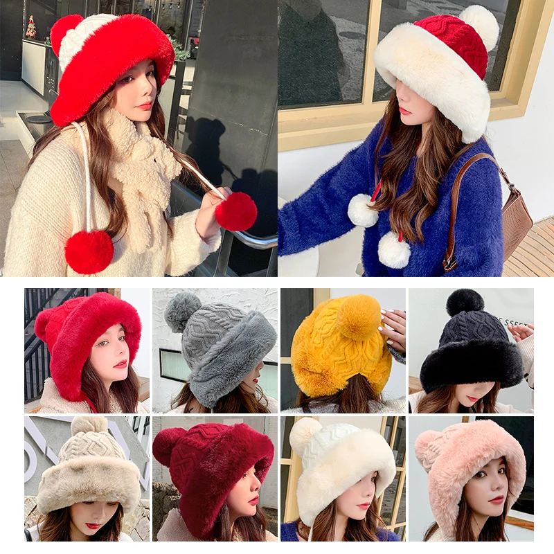 

Trendy Warm Cold Protection Pullover Knitted Hat Popular Hot Style Ladies Cotton And Cashmere Cap Sanmao Ball Pullover Cap