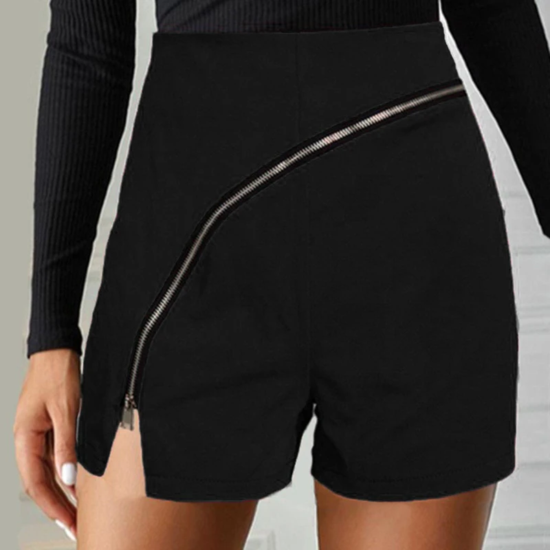 

2022 Summer Ladies Slim Shorts New Style Shorts Womens Pure Color Personality Diagonal Zipper Split Casual Women Clothing