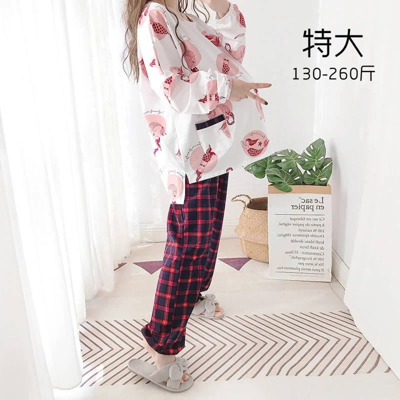 Artistic Style Printed Loose Long Sleeves Pajamas Suit Closed Plaid Pajama Pants Pregnant Women plus Size Spring and Autumn Pure