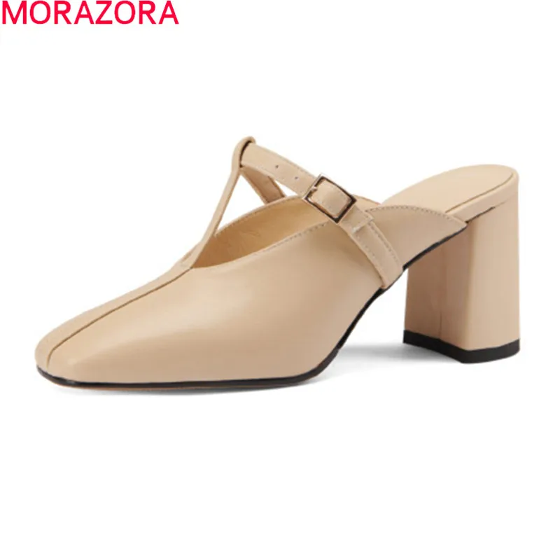 

MORAZORA 2021 Large Size 33-43 Women Slippers Genuine Leather Ladies Mules Shoes Summer Black Apricot Color Party Casual Shoes