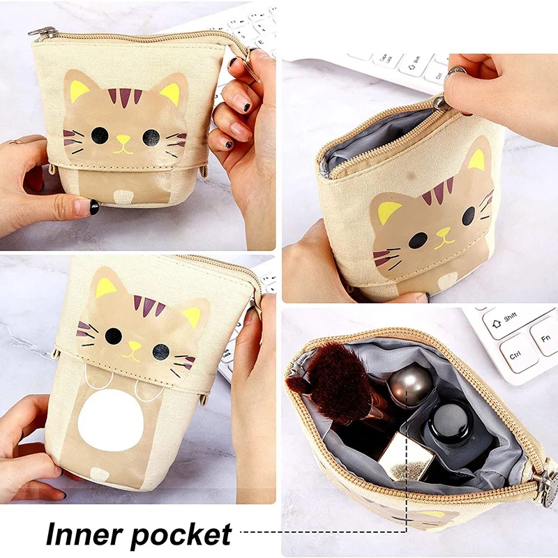 

2Pcs Stand Store Pencil Holder Canvas Cute Telescopic Pencil Organizer Cosmetics Pouch Makeup Bag Stationery Pen Case
