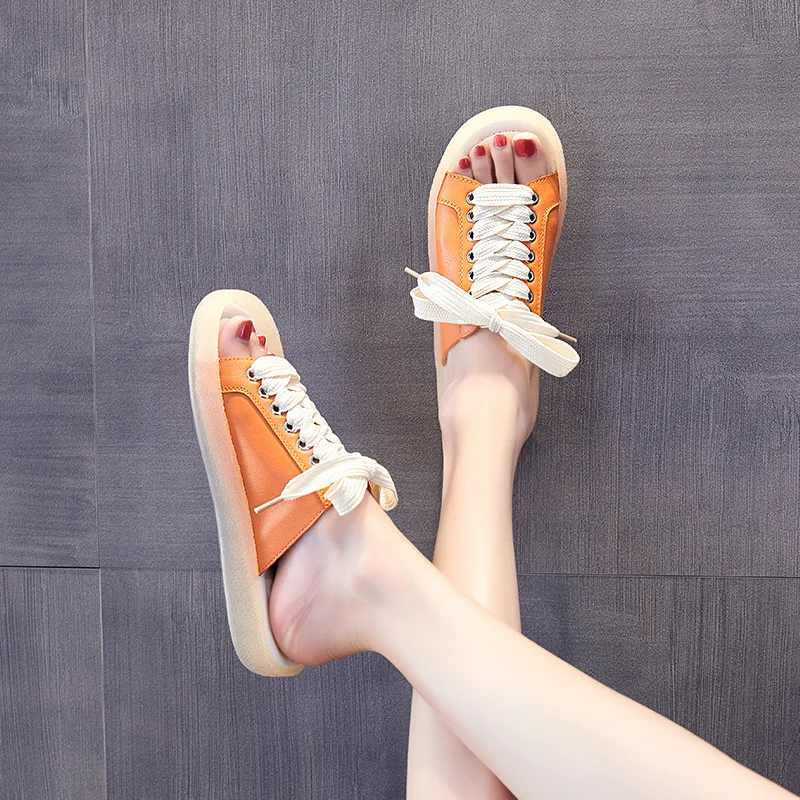 Summer New 2020 Fashion Leisure Womens Shoes Soft Bottom Sandals Cross-tied Tendon Bottom Flat With Low (1cm-3cm) Non-slip Solid