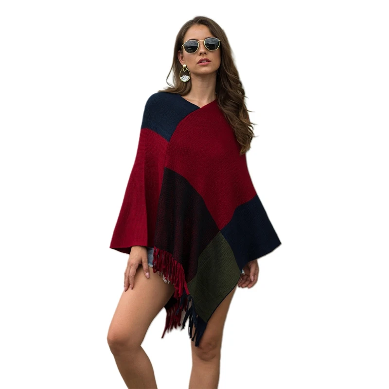 

Women Color Block Poncho Cape Asymmetric Tassel Knit Shawl Wrap Pullover Sweater 649C