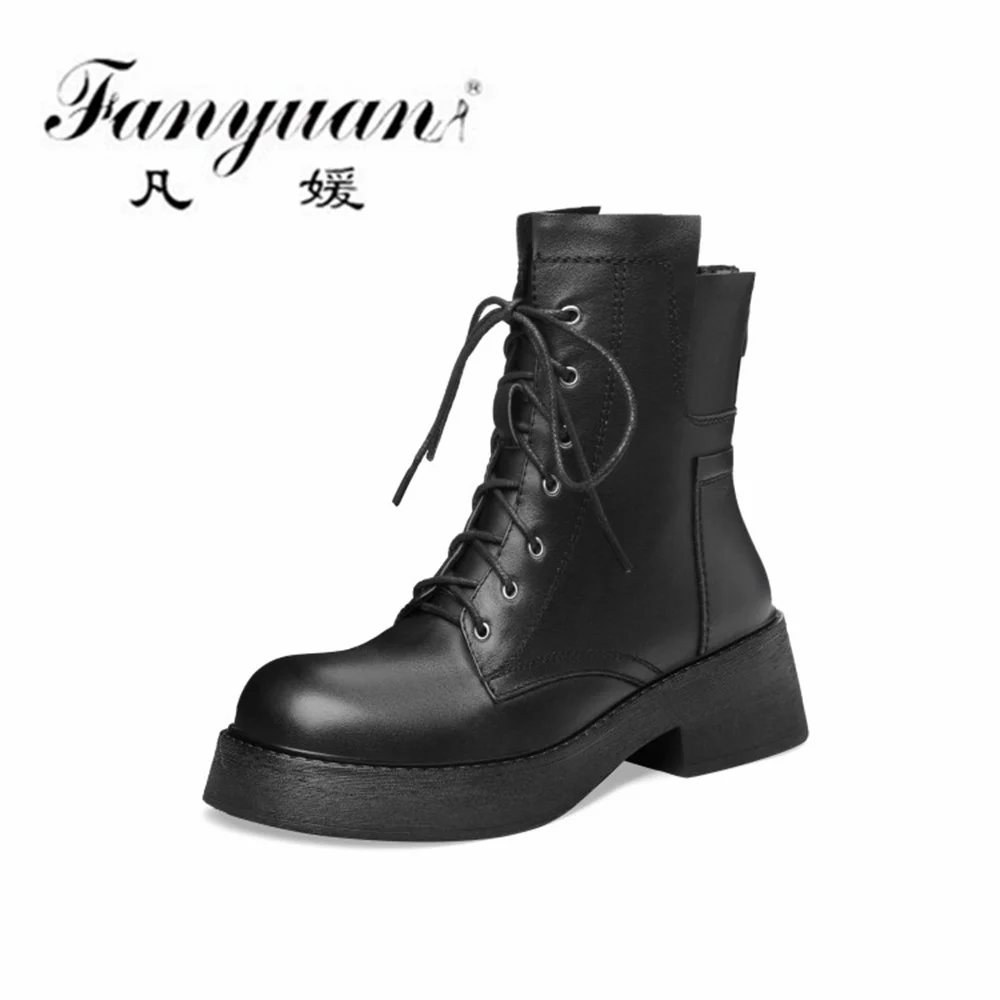 

Женские мотоциклетные ботинки Fanyuan, коричневые ботильоны из натуральной кожи на толстом каблуке, с круглым носком, Осень-зима 2021