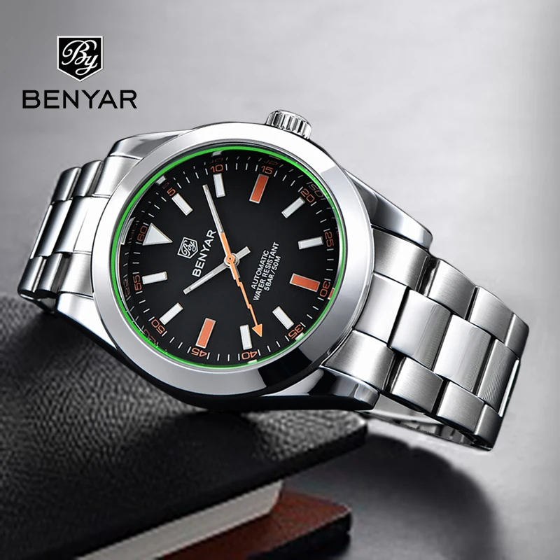 Relógio de Pulso 50m à Prova Benyar Mecânica Relógio Automático Masculino Superior Marca Moda Dwaterproof Água Aço Inoxidável Case Negócios Esportes Luxo