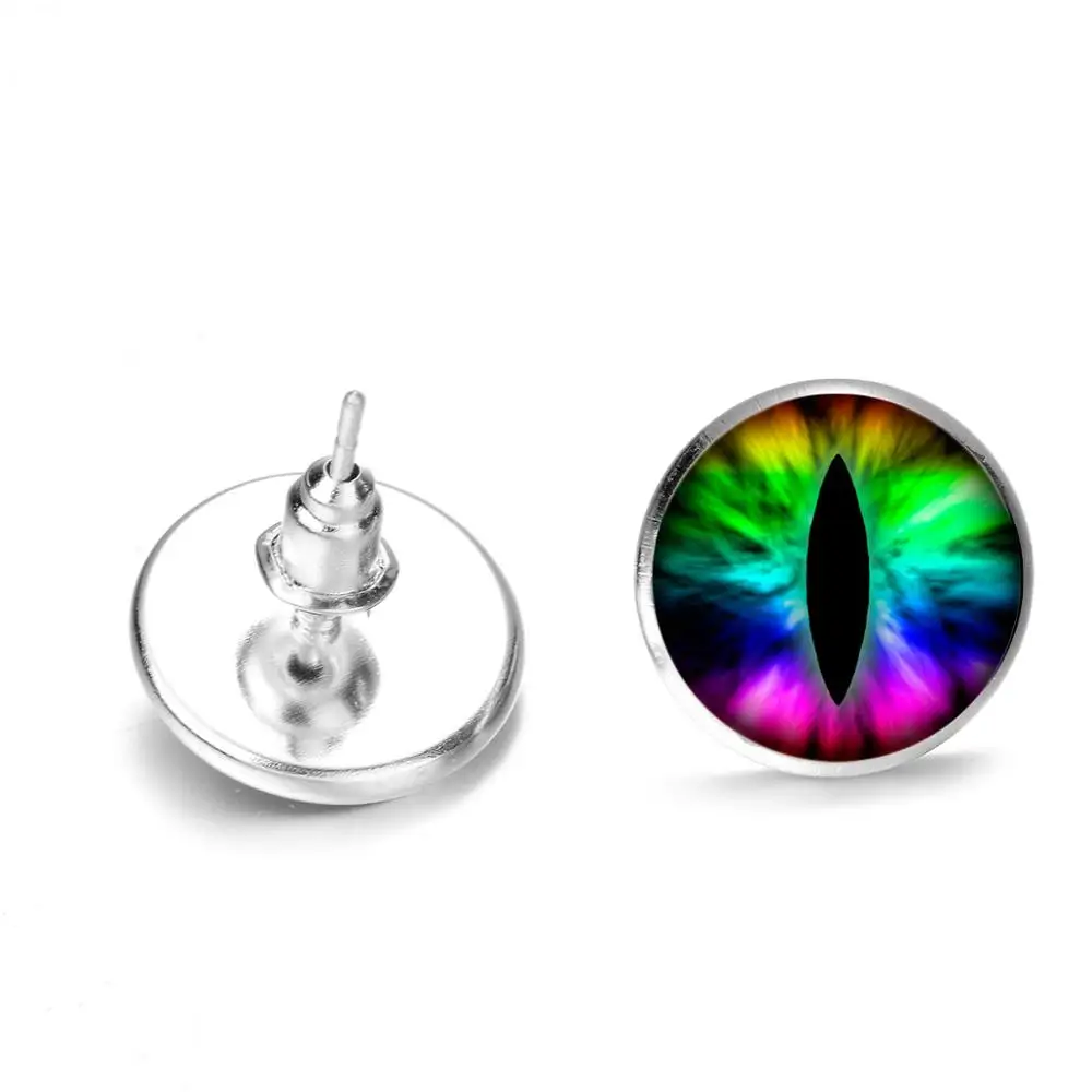 Крутые серьги-гвоздики глаза Дракона зеленые синие фиолетовые красные