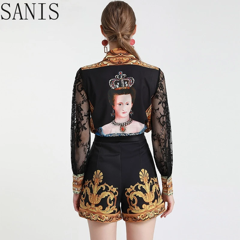 

Sanis Fashion Designer Set Spring Summer Women Lace Long sleeve Crystal Vintage Queen Print Shirt Tops+Shorts Two-piece suit