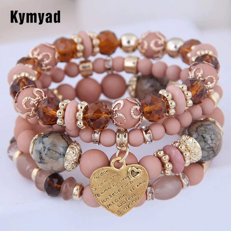 

Kymyad (4pcs/set ) Multilayer Bohemia Bracelet Resin Beads Bracelets For Women Bijoux Vintage Heart Charm Bracelet Femme Jewelry